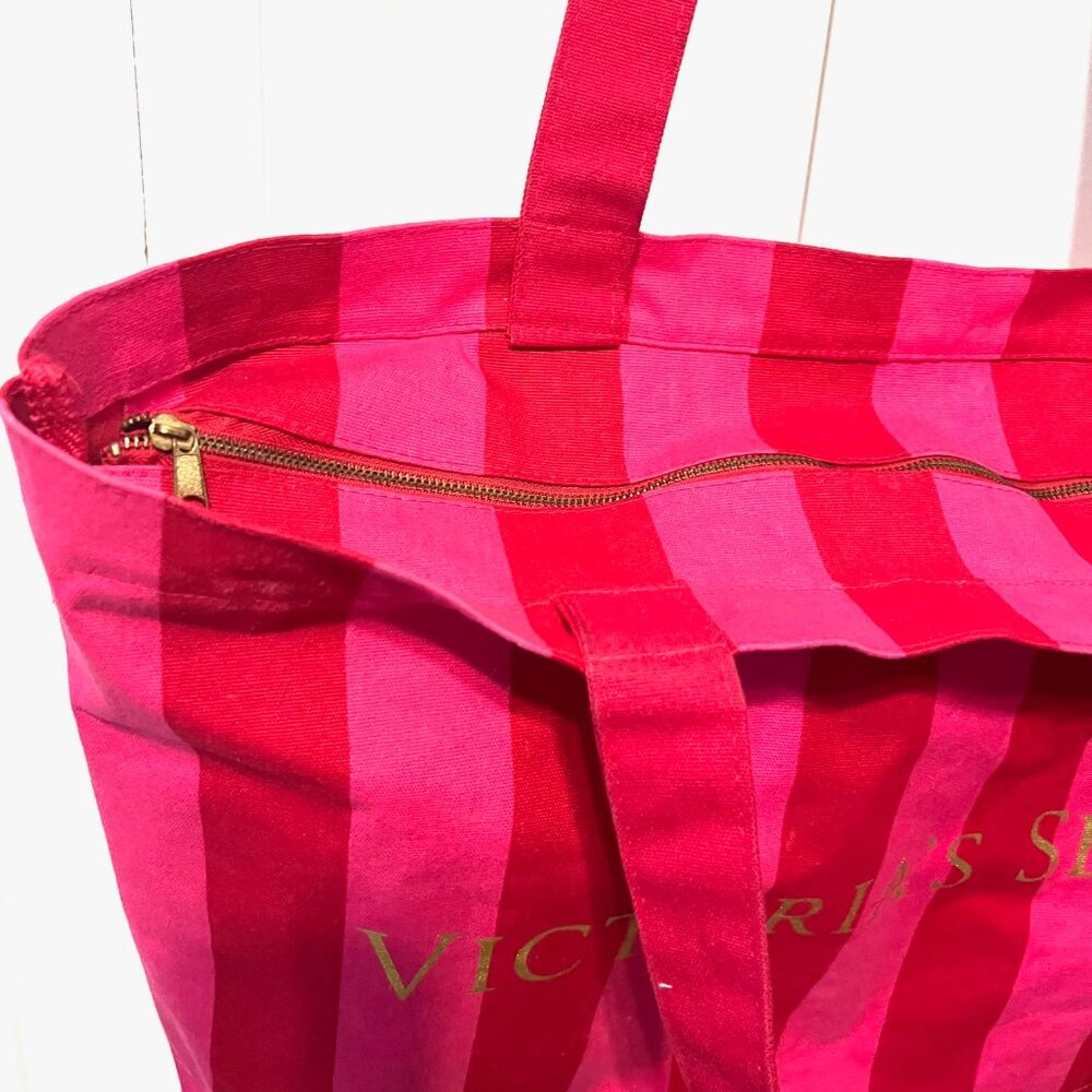 Victoria's Secret Iconic Pink/Red/Gold Striped Canvas Large Tote-Bonus Small One - Picture 10 of 16
